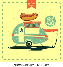 Retro street food truck vector illustration. Hot dog caravan.