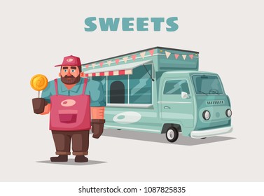 Retro street food van. Funny seller character. Cartoon vector illustration.