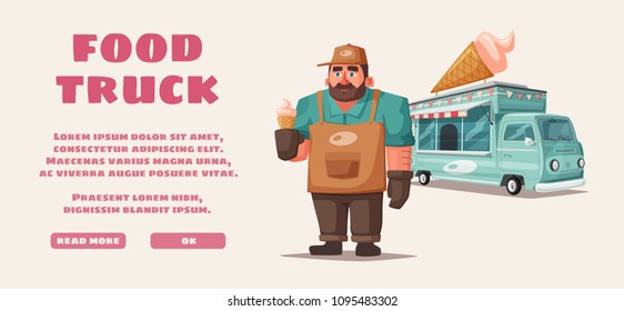 Retro street food van. Funny seller character. Cartoon vector illustration.