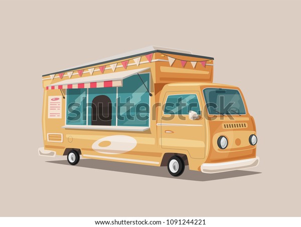 Retro street food van. Vintage food and
drink truck. Cartoon vector
illustration.
