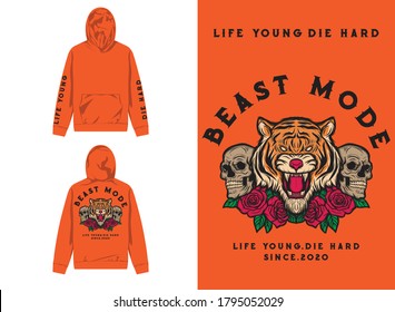 Retro Street Wear Hoodie. Beast Mode, Tiger, Skull