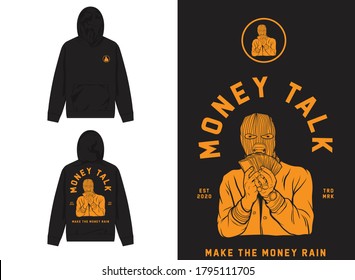 Retro Street Wear Hoodie. Money Talk, Mask Man