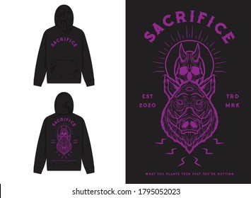 Retro Street Wear Hoodie. Sacrifice Pig, Skull