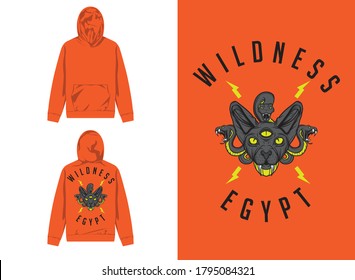 Retro Street Wear Hoodie. Wildness And Egypt, Cat And Snake