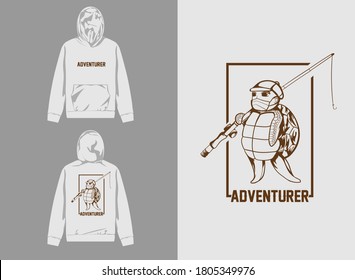 Retro Streetwear Hoodie.  Adventurer Retro tortoise with fishing pole Design