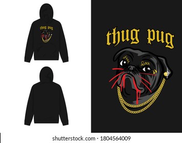 Retro Streetwear Hoodie Pug With Chains Illustration, Thug Pug