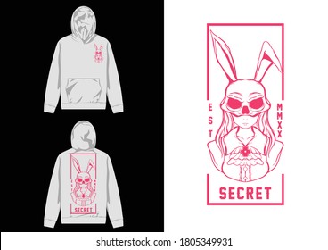 Retro Streetwear Hoodie, Secret Retro girl with skeleton rabbit mask design