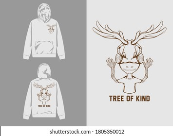 Retro Streetwear Hoodie. Tree of Kind, text  Retro Antlered creature design