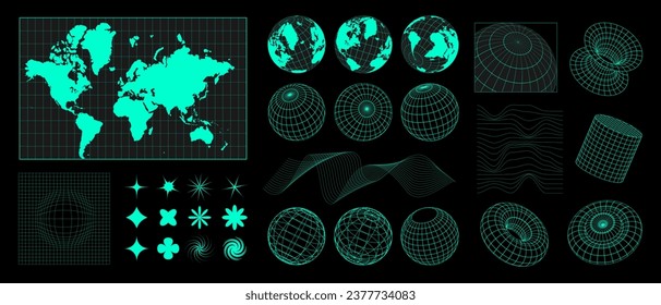 Retro streetwear set. Y2k style. Digital world map, globe, donut, surreal geometric shapes.