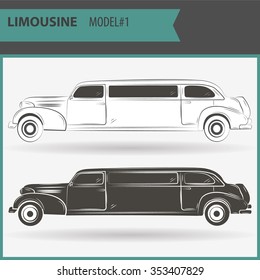 Retro stretch limo on a white background in two colors: black and white. Illustration of two vip limousines isolated on white background.