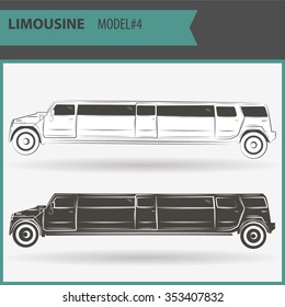 Retro stretch limo on a white background in two colors: black and white. Illustration of two vip limousines isolated on white background.