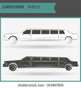 Retro stretch limo on a white background in two colors: black and white. Illustration of two vip limousines isolated on white background.