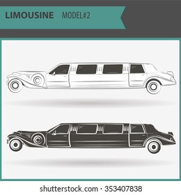 Retro stretch limo on a white background in two colors: black and white. Illustration of two vip limousines isolated on white background.