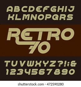 Retro stripe alphabet vector font. Funky oblique type letters, numbers and symbols. Typography for headlines, posters etc. in 70's style.