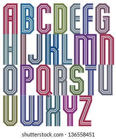 Retro stripe geometric font, retro style typeface made with straight lines only. Best for posters, headlines and graphic design in 70s retro style. Uppercase glyphs set. Vector.