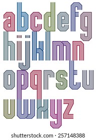 Retro stripe geometric font, retro style typeface made with straight lines only. Best for posters, headlines and graphic design in retro style. Lowercase glyphs set.
