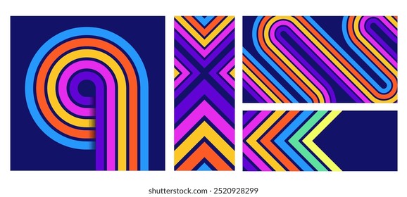 Fondos de línea de rayas retro. Líneas de colores llamativos patrones geométricos abstractos, modernos fondos de póster de rayas zen y conjunto de Plantilla de Vector decorativo de Anuncio de los años 70.