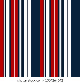 Retro stripe seamless pattern with blue, red and white vertical parallel stripes.Vector abstract background.