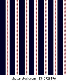 Retro stripe seamless pattern with navy blue, red and white colors vertical parallel stripes.Vector abstract background.