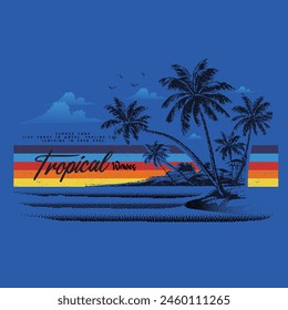 Retro Streifen mit tropischen Sommer Vintage Strand Wellen, Botanische Palmen Wald ist Strand Seite, Vintage T-Shirt Design, kommerzielle Kleidung Mode Print Design, verwenden Sie dieses Design für Kleidung,