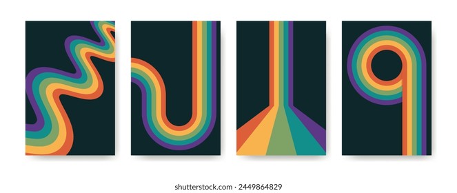 Retro striped 70s style posters template set. Vintage geometric dark backgrounds with rainbow.