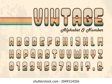 Retro Striped Alphabet Letter And Number In 70's Style. Seventies Nostalgic Typographic Design. Vintage Hippie Font Or Typeface For Title, Headline, Poster, Banner, Graphic Layout, Etc.