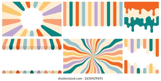 Conjunto de Planos de Fundo Listrados Retroativos e Formas de Gotejamento. Vintage colorido Sunburst, listras, bordas toldo, e derreter elementos no transparente. Coleção de design plano Rainbow Vetor