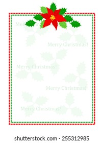 Retro striped frame with red and green stripes and poinsettia flowers with merry christmas letters