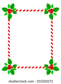 Retro striped frame with red and white stripes / candy cane  and holly and berries