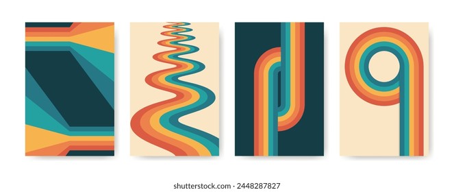 Retro striped geometric posters template 70s style set. Vintage backgrounds with multicolored stripes. 