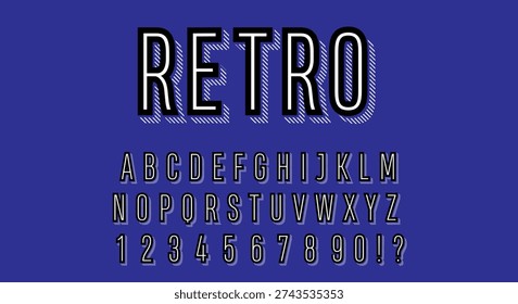 Retro Striped Shadow Font - Black Alphabet with White Shadow on Navy Blue