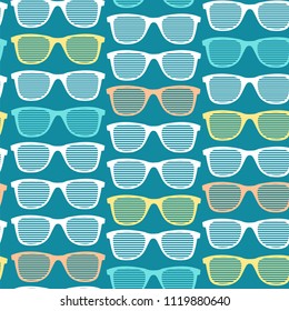 Retro Striped Sunglasses Seamless Pattern Background on a Blue Symbol of Vacation Fashion Equipment Personal. Vector illustration