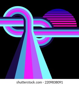Retro Striped Sunrise Neon Background. Highway vector illustration