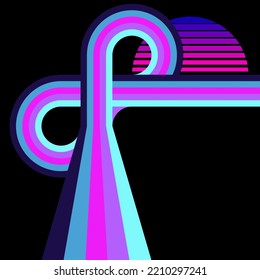 Retro Striped Sunrise Neon Background. Highway vector illustration