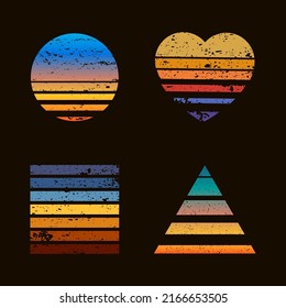 Retro striped sunset prints. Abstract 80s style colorful shapes for logo or print design. Circle, heart, square and triangle geometric elements isolated set. Tropical sunny sky vector