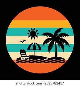 Retro striped Vintage Background Vector Art Illustration with holiday beach vacation.Editable icon