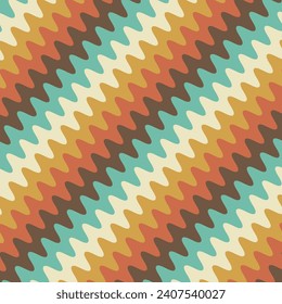 Retro gestreiftes gewelltes, welliges Nahtmuster. Abstrakte psychedelische Wellen im Stil der 70er Jahre fließen in einfachem Design. sommerliche wavy Streifen kindisch Stoffdruck. Geometrische Textur. Vektorgrafik.