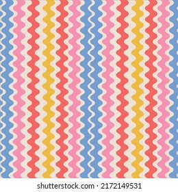 Retro striped wavy seamless pattern. 70s style abstract psychedelic waves flowing simple design. Summer wavy stripes childish fabric print. Geometric texture. Vector illustration.