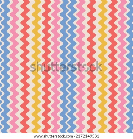 Retro striped wavy seamless pattern. 70s style abstract psychedelic waves flowing simple design. Summer wavy stripes childish fabric print. Geometric texture. Vector illustration.