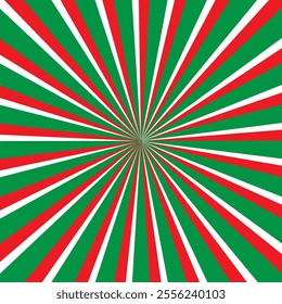 Retro stripes background. Red green pattern. Radiating festive design. Holiday vector illustration.