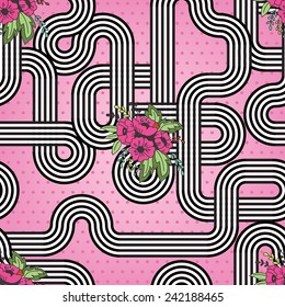 Retro Stripes with Flowers Vector Seamless Pattern