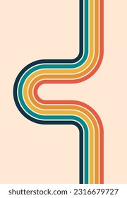 Retro stripes loop. 70s vintage lines. Trendy background wallpaper with copy space. Letter C or U. Infinite rainbow banner. Boho old fashioned backdrop. Brochure cover template. Vector illustration. 