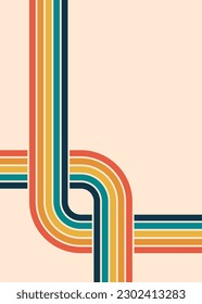 Retro stripes loop. Vintage 70s colorful lines background. Old fashioned cover poster. Copy space.  Abstract rainbow intersection or crossing. Letter B. Letter O. Groovy backdrop. Vector illustration.