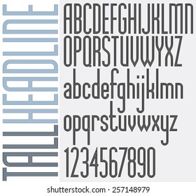 Retro Stripes Tall Headline light condensed font, stylish and trendy letters design, geometric retro style alphabet. Best for design projects with retro style, print or web design, posters. Vector.