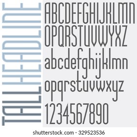 Retro Stripes Tall Headline light condensed font, stylish and trendy letters design, geometric retro style alphabet. Best for design projects with retro style, print or web design. Vector.