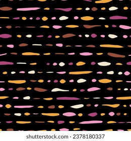 Retro, stroke lines all over surface print on black background. Horizontal, vector strokes seamless repeat pattern.