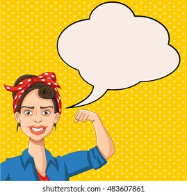 Retro strong woman talking with speech bubbles. Vintage design. 
