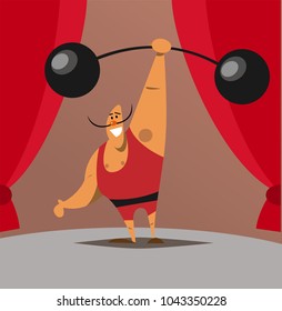 Retro Strongman in circus show.  Bodybuilder with mustache. Flat vector illustration in cartoon style.