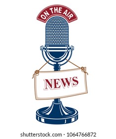 Retro studio microphone vector emblem with news label. Journalism concept, broadcasting and live reportage.