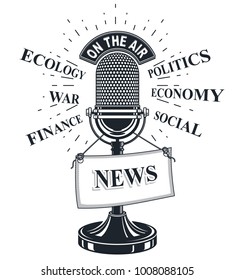 Retro studio microphone vector illustration with news label. Social media communication idea